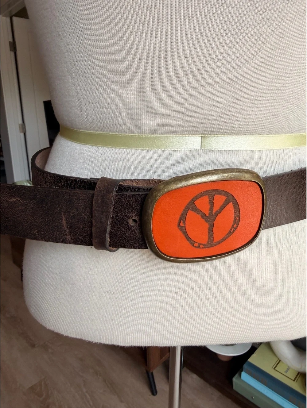 Vintage Dillon Rogers Brown Leather Belt with Orange Peace Sign Buckle, Size S